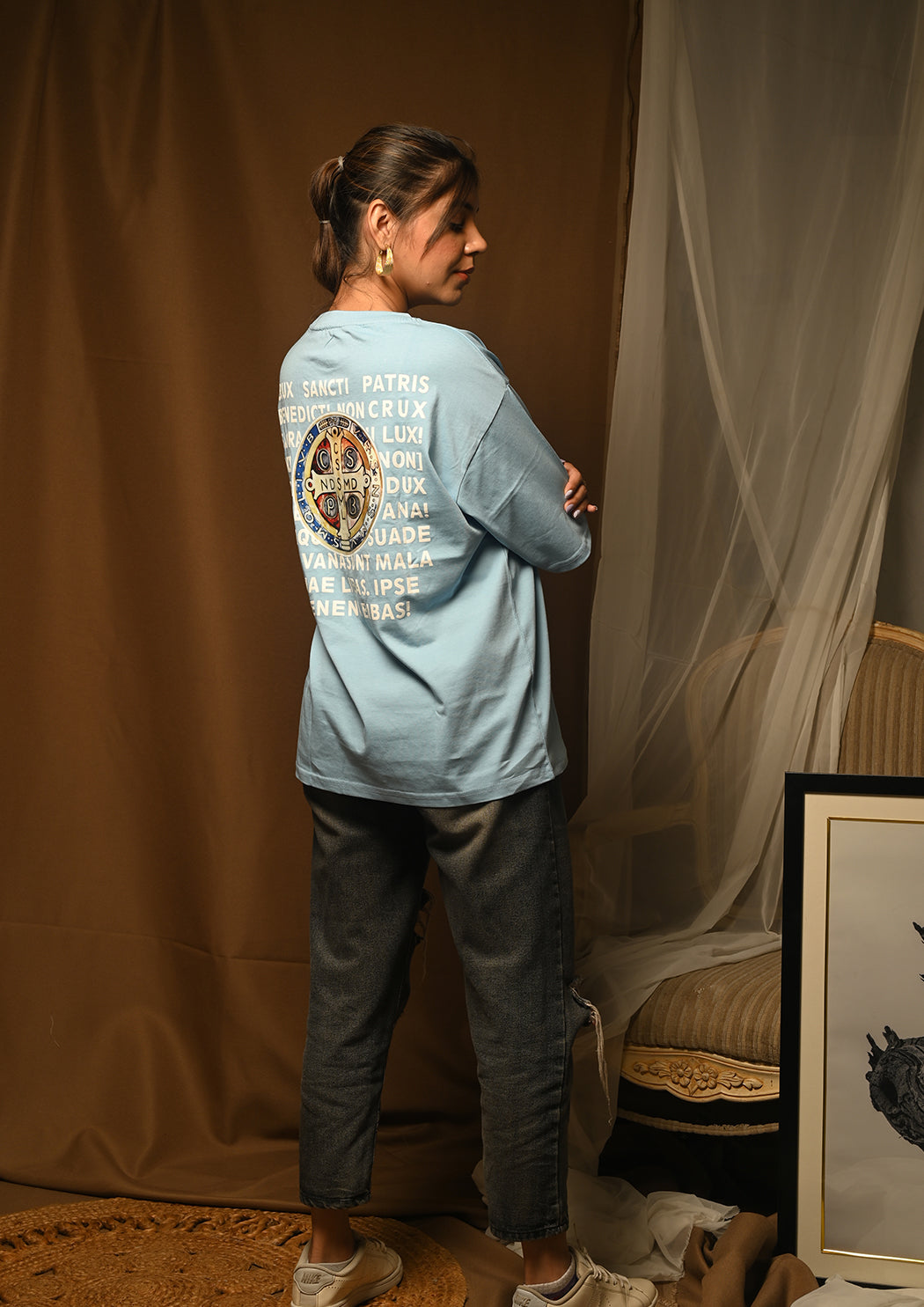 Women CSSML NDSMD Cross Printed Drop Shoulder T-shirt