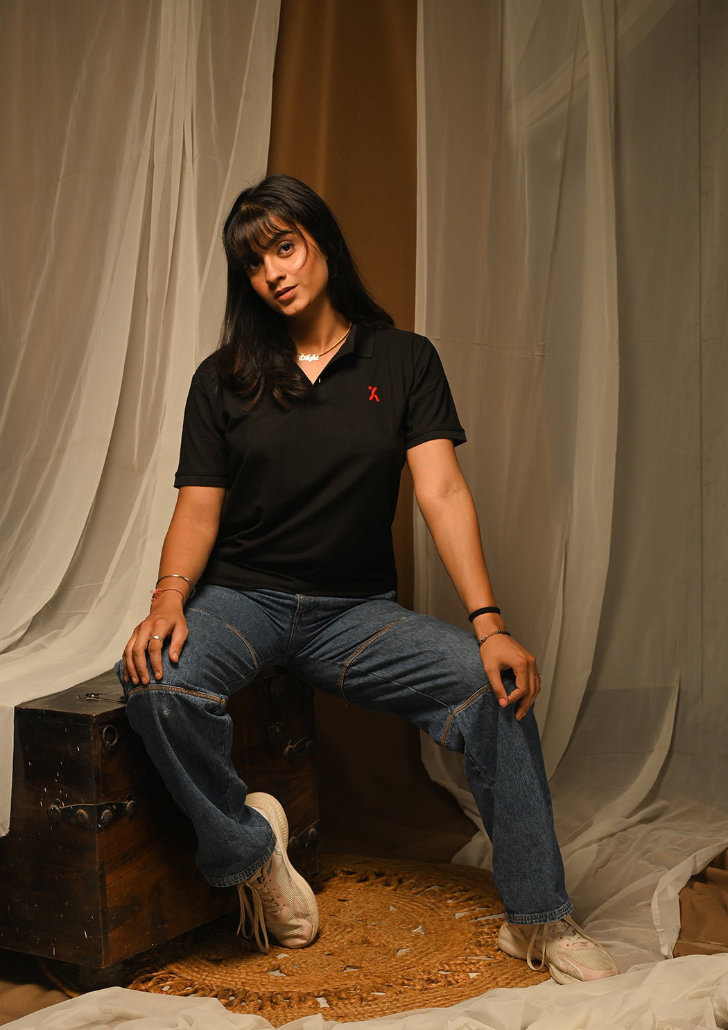 Women Black Polo T-shirt