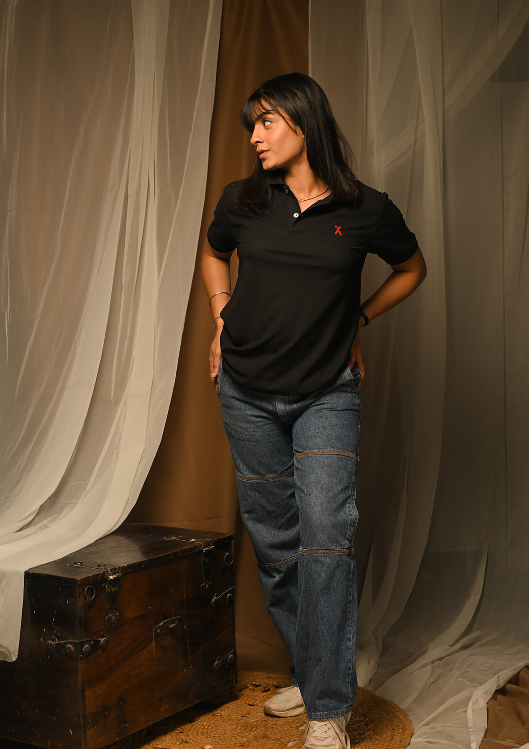 Women Black Polo T-shirt