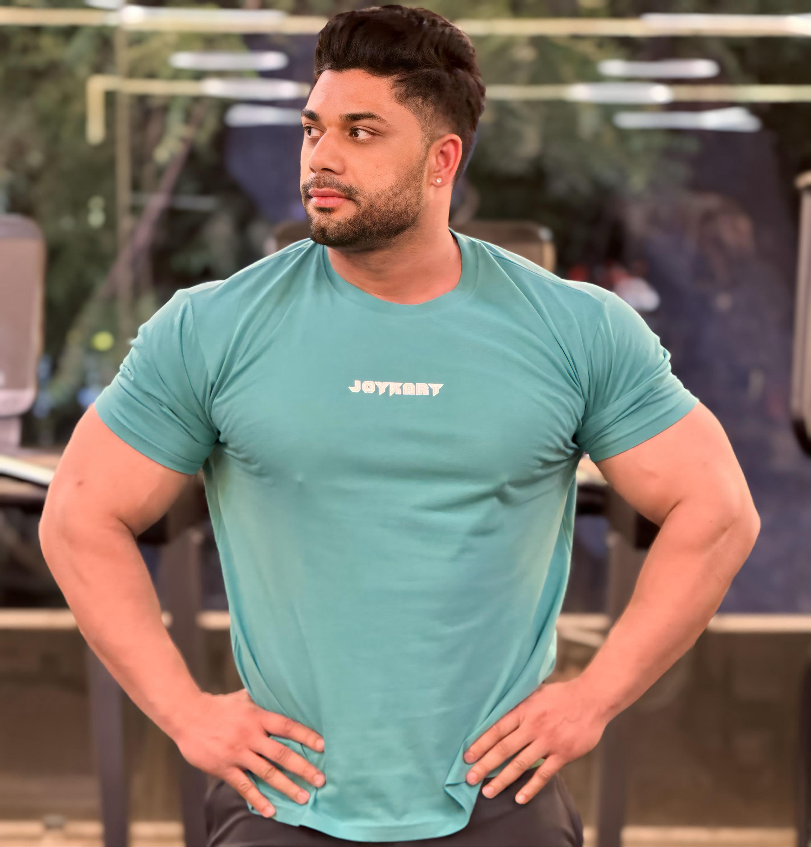 JOYKART SEA GREEN ROUND NECK GYM FIT MEN'S T-SHIRT