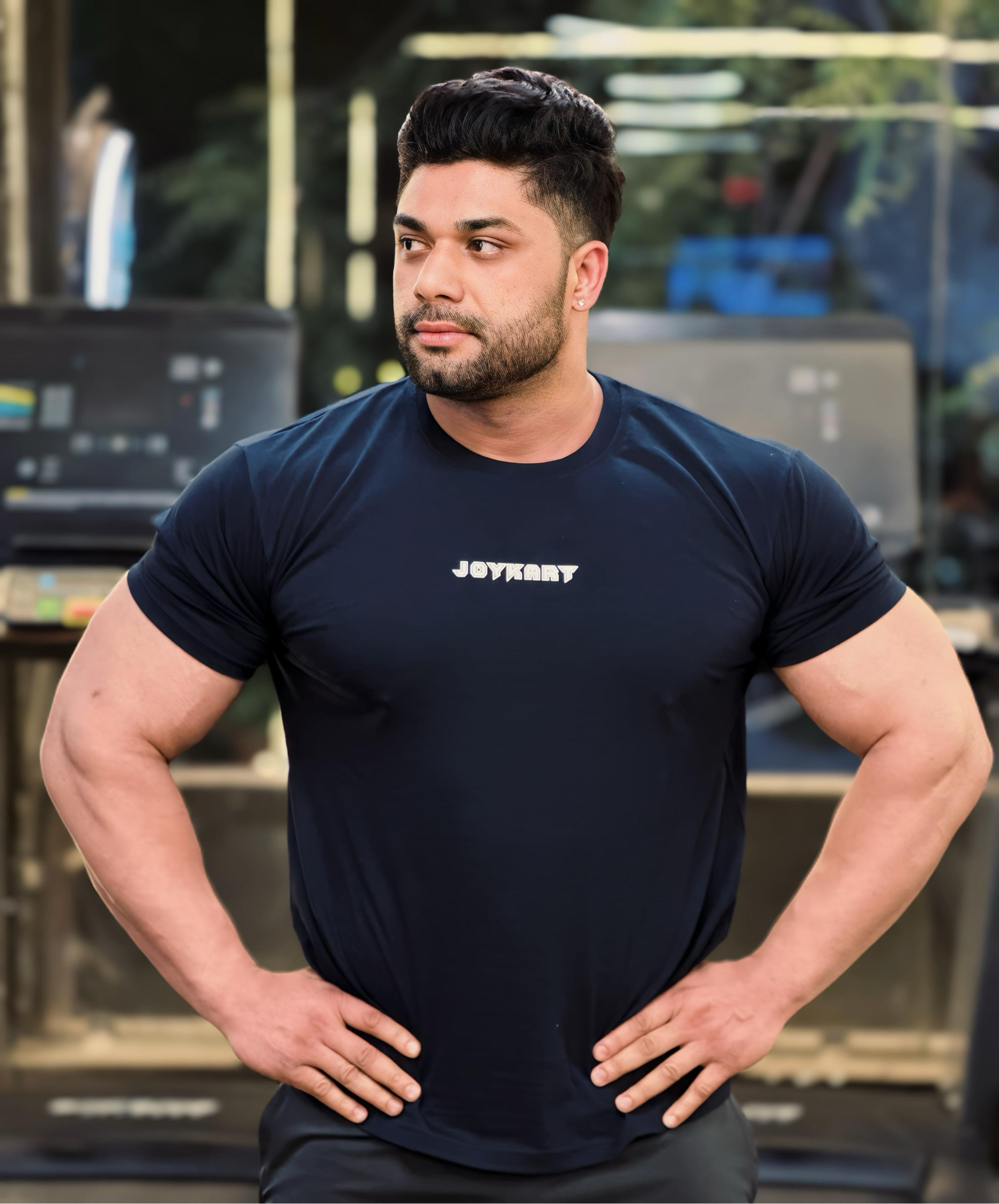 JOYKART DARK BLUE ROUND NECK GYM FIT MEN'S T-SHIRT