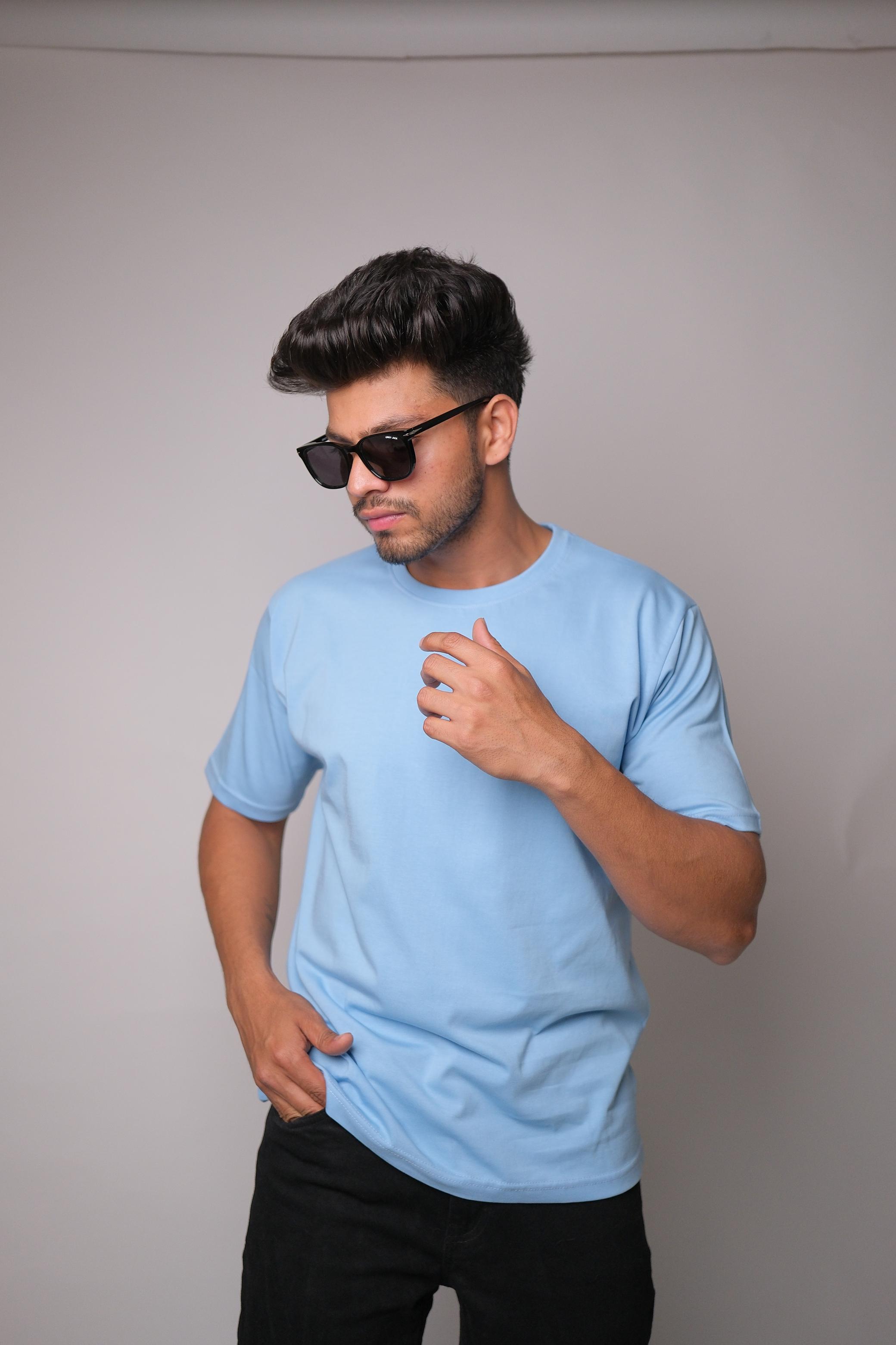 SKY BLUE ROUND NECK SLIM FIT MEN'S T-SHIRT